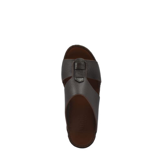 Top view of brown deercalf lizard sandals for kids with textured strap from Private collection