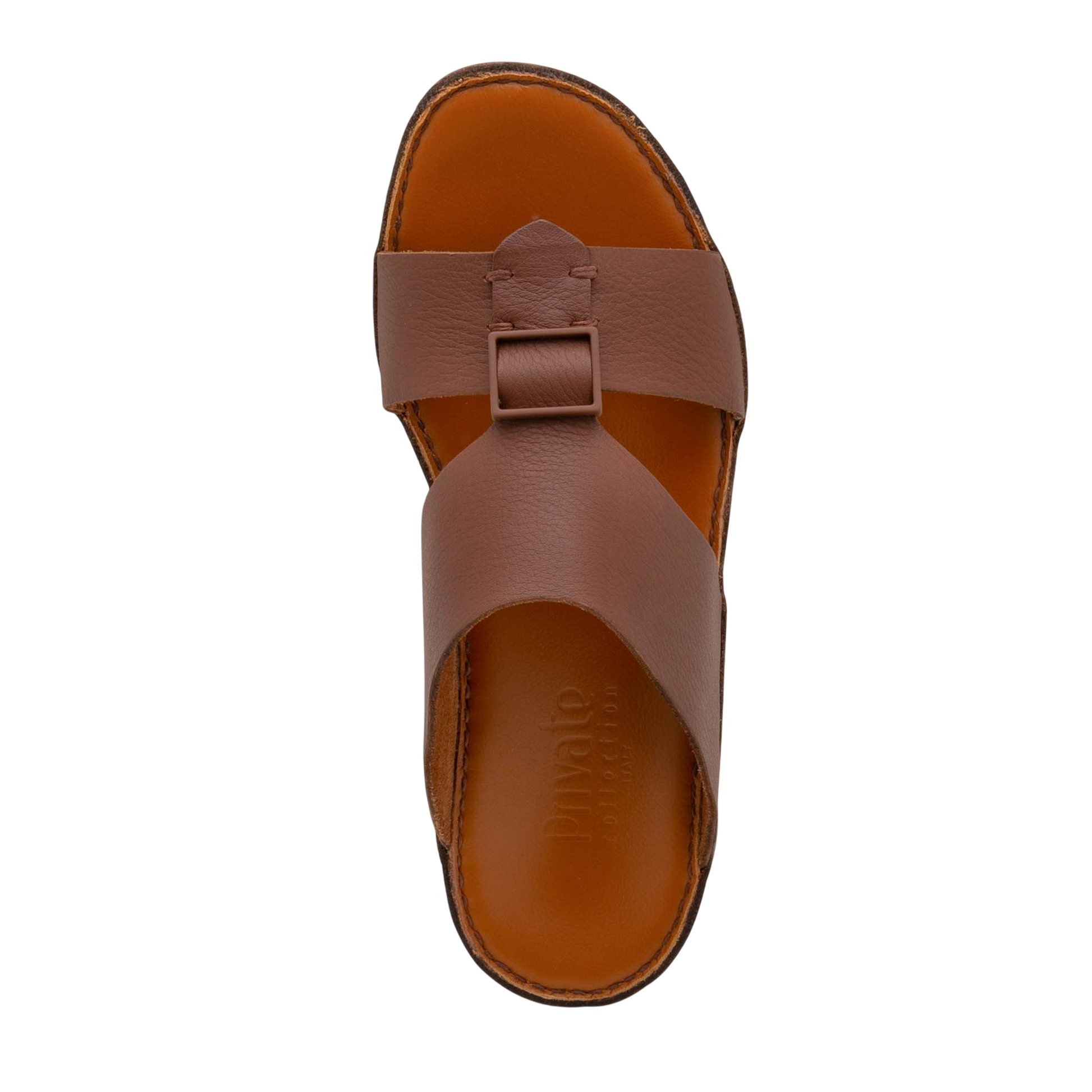 Brown leather comfortable designer slides with buckle detail by Private Collection