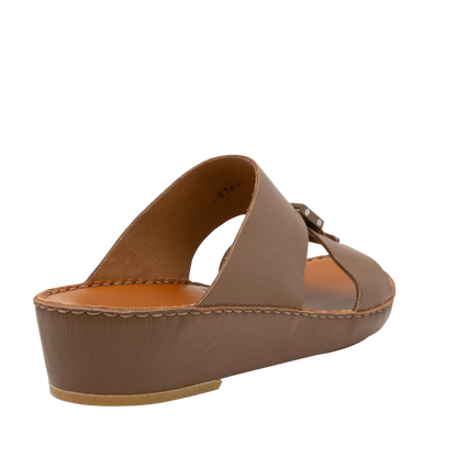 Brown comfortable designer slides with a slight wedge heel and leather upper by Private Collection