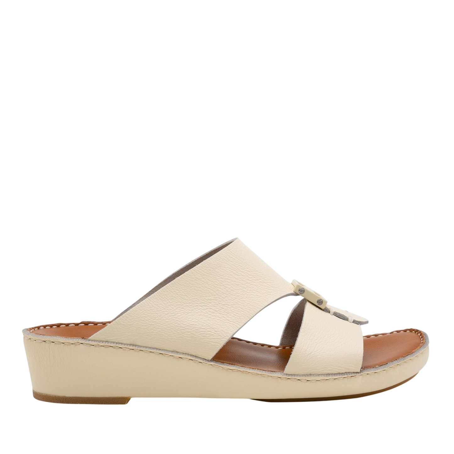 Private Collection comfortable designer slides in beige with a low wedge heel and open toe