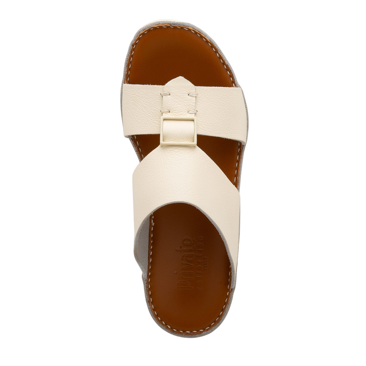 Private Collection white comfortable designer slides with leather straps and cushioned brown sole
