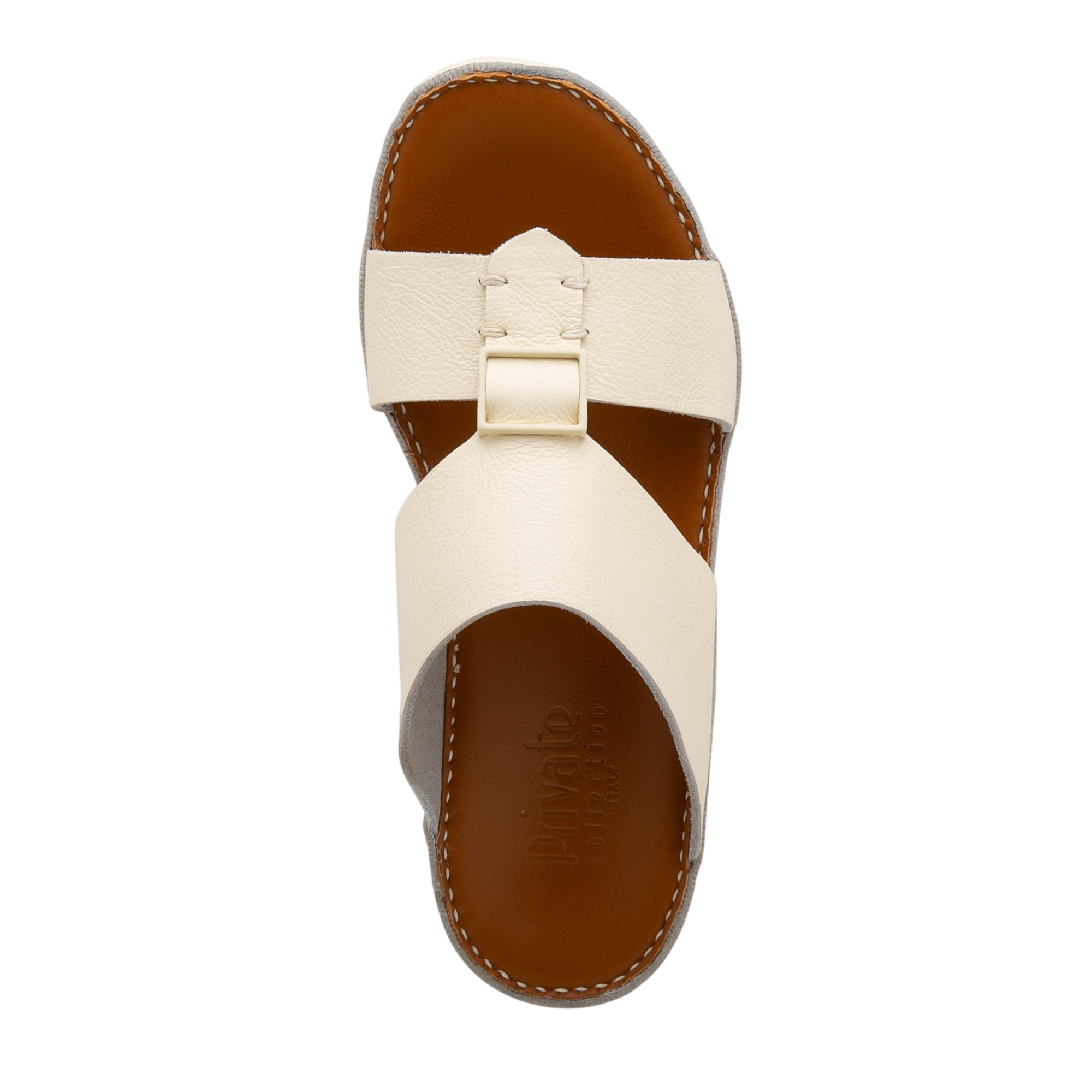 Private Collection white comfortable designer slides with leather straps and cushioned brown sole