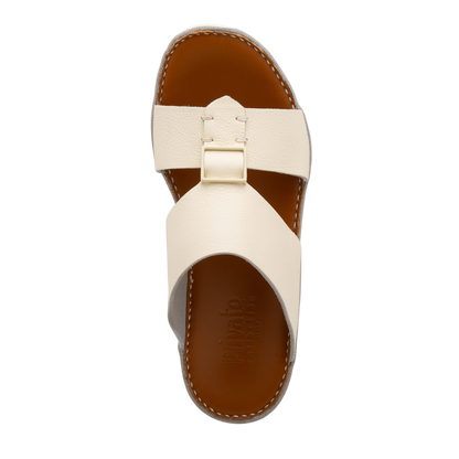 Private Collection white comfortable designer slides with leather straps and cushioned brown sole