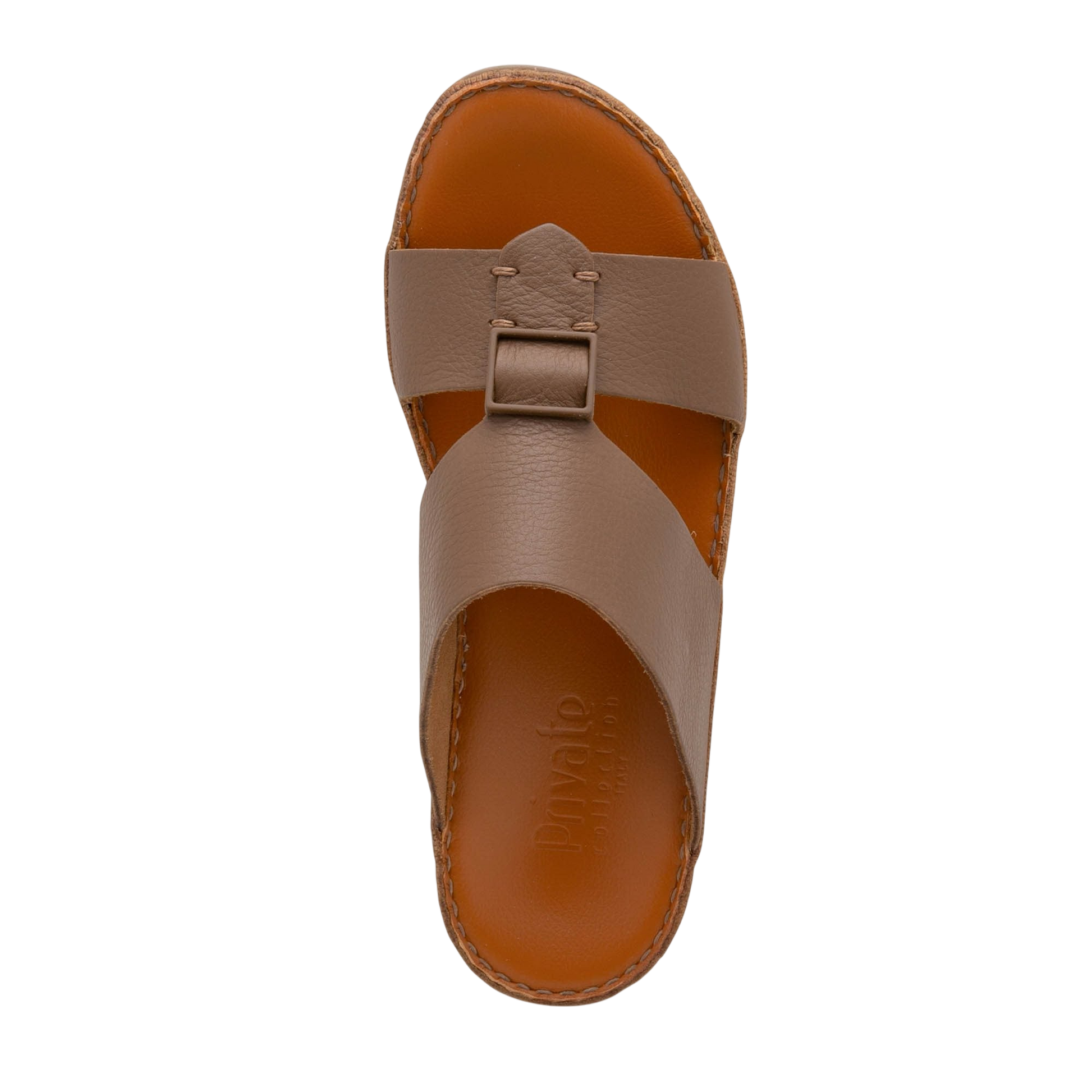 Private Collection comfortable designer slides in brown leather with cushioned footbed for all-day wear