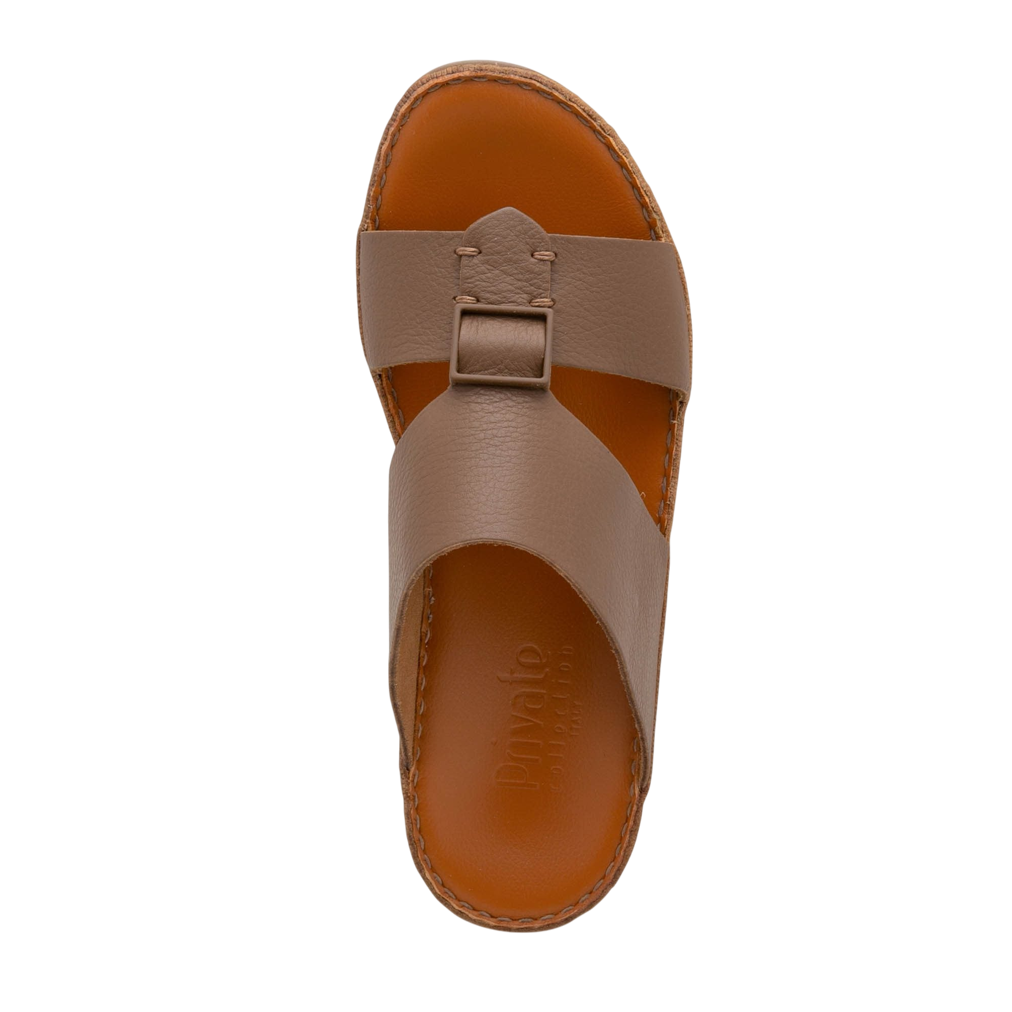 Private Collection comfortable designer slides in brown leather with cushioned footbed for all-day wear