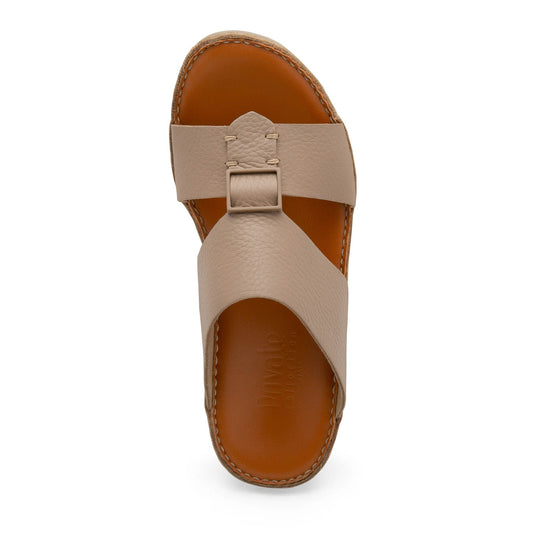 Private Collection beige comfortable designer slides with cushioned brown sole and adjustable buckle strap