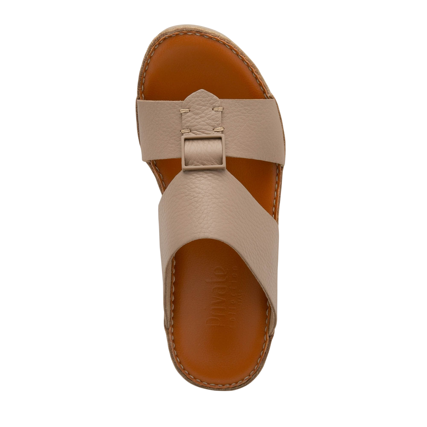 Private Collection beige comfortable designer slides with cushioned brown sole and adjustable buckle strap