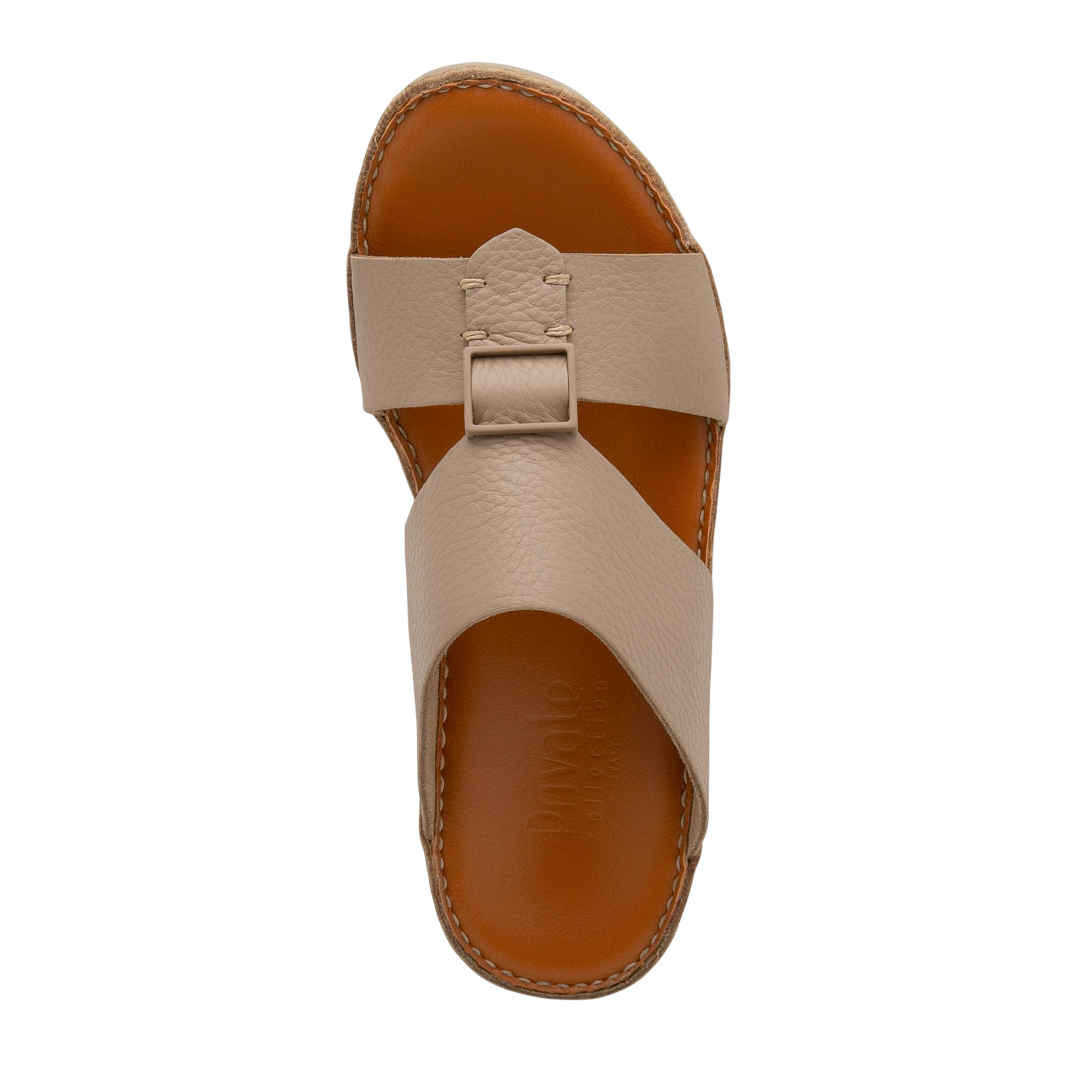 Private Collection beige comfortable designer slides with cushioned brown sole and adjustable buckle strap