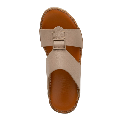 Private Collection beige comfortable designer slides with cushioned brown sole and adjustable buckle strap