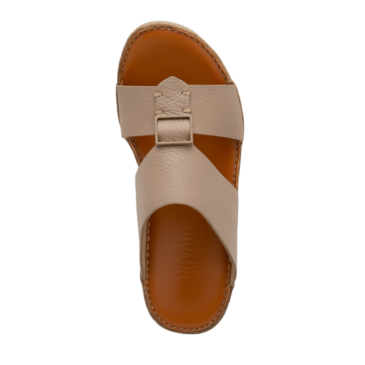 Private Collection beige comfortable designer slides with cushioned brown sole and adjustable buckle strap