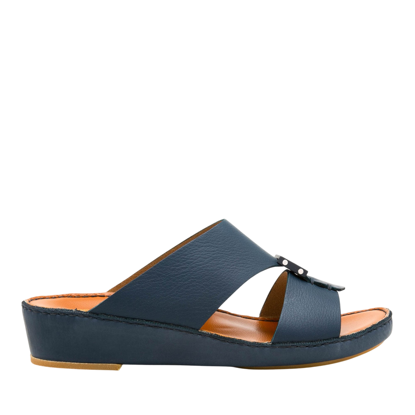 Private Collection navy leather comfortable designer slides with cushioned sole and open toe