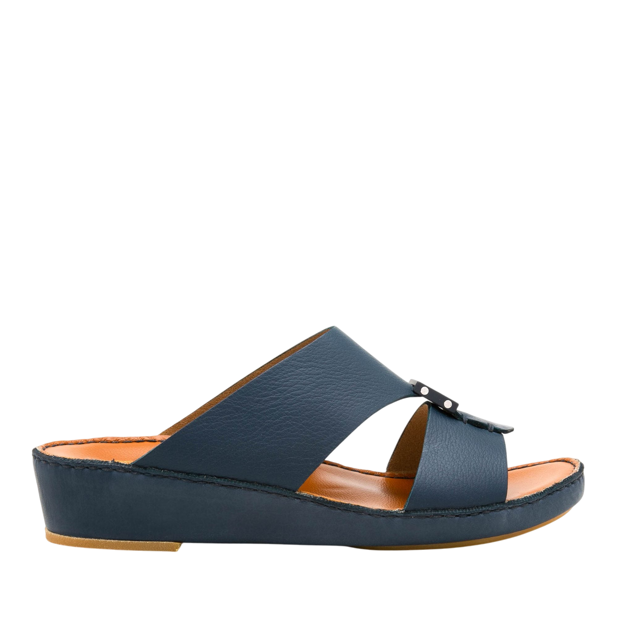 Private Collection navy leather comfortable designer slides with cushioned sole and open toe