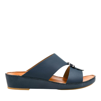 Private Collection navy leather comfortable designer slides with cushioned sole and open toe