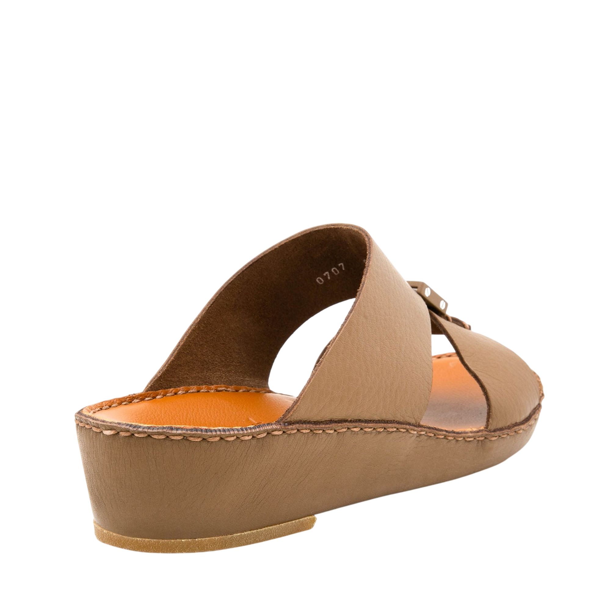 Private Collection comfortable designer slides in tan leather with cushioned footbed and low wedge heel
