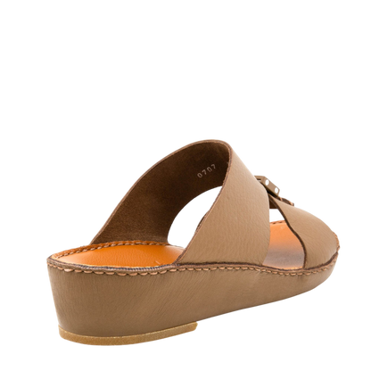 Private Collection comfortable designer slides in tan leather with cushioned footbed and low wedge heel