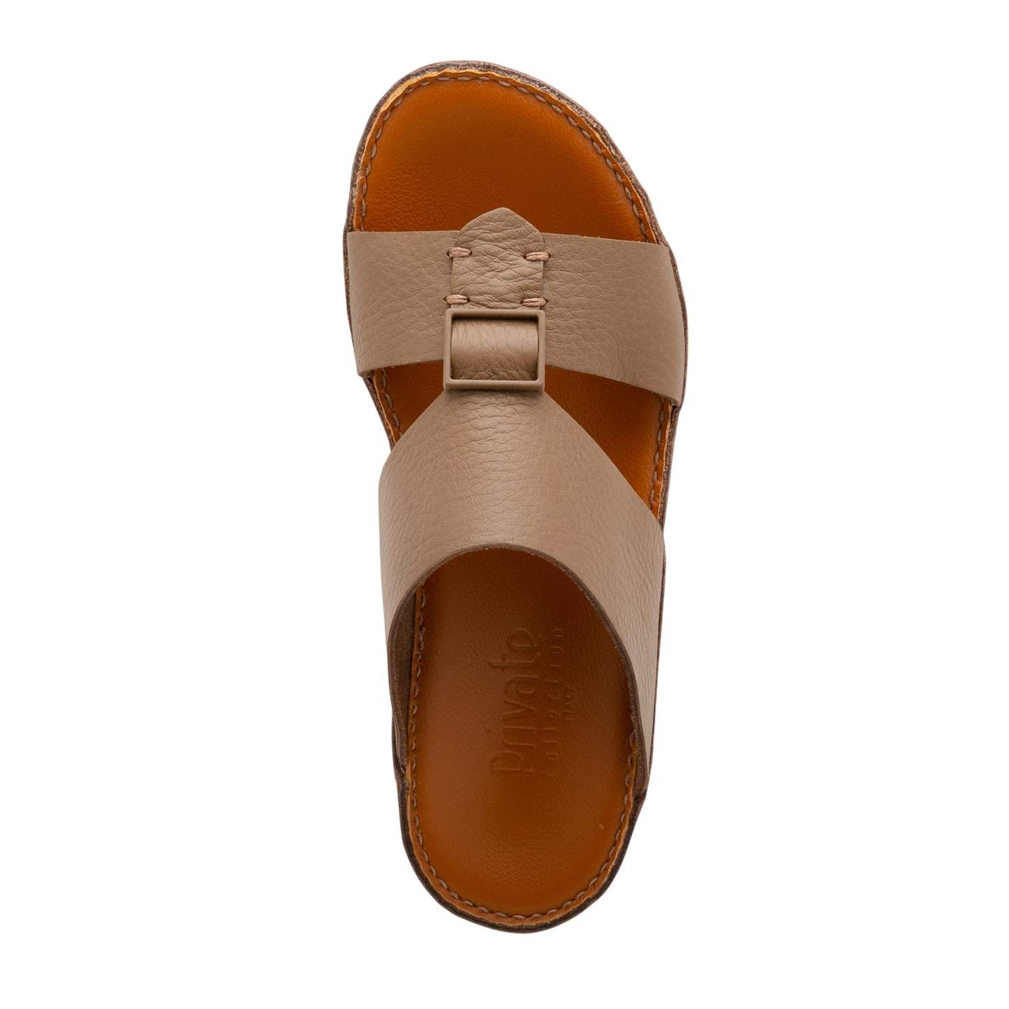 Beige Private Collection comfortable designer slides with crisscross straps and cushioned brown footbed