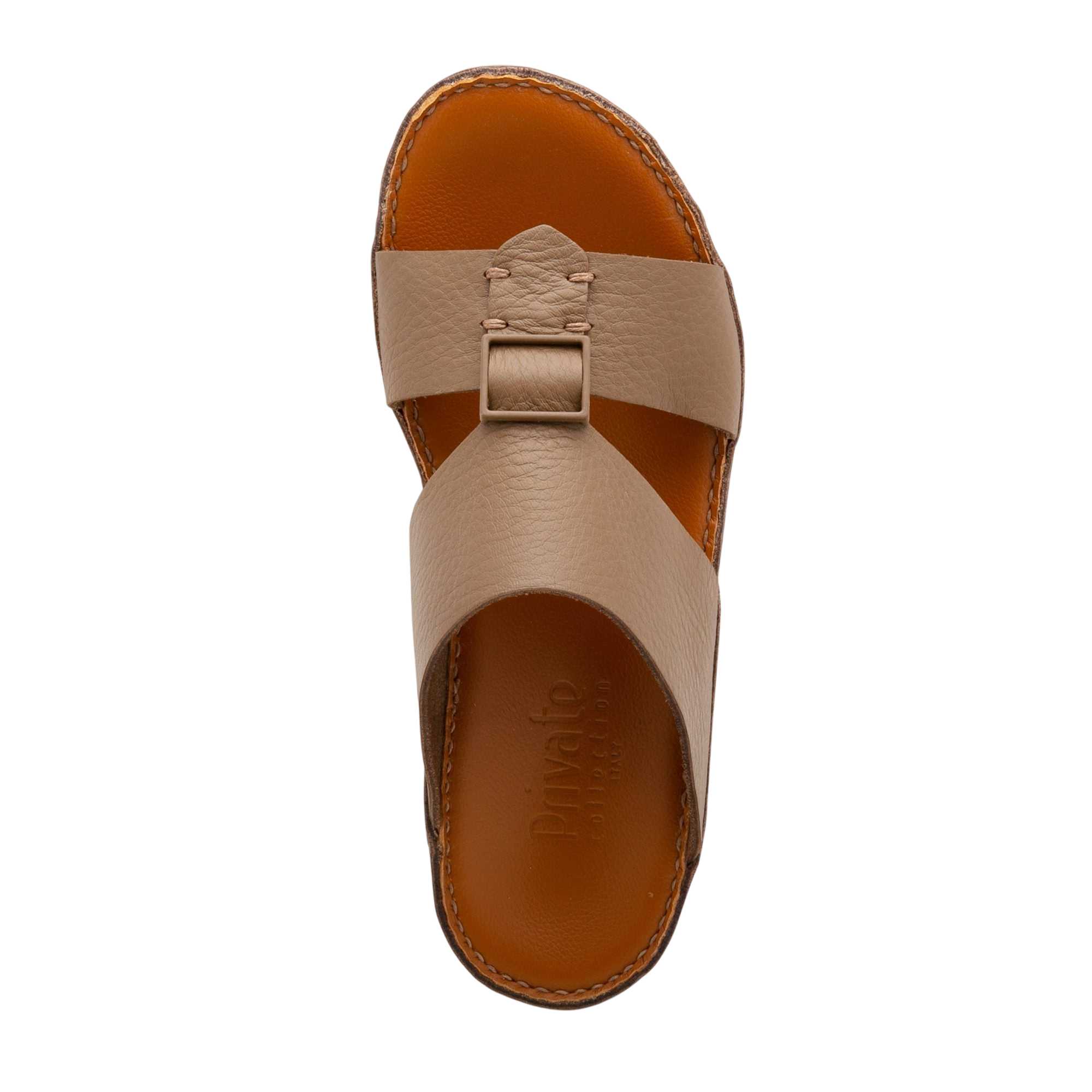 Beige Private Collection comfortable designer slides with crisscross straps and cushioned brown footbed