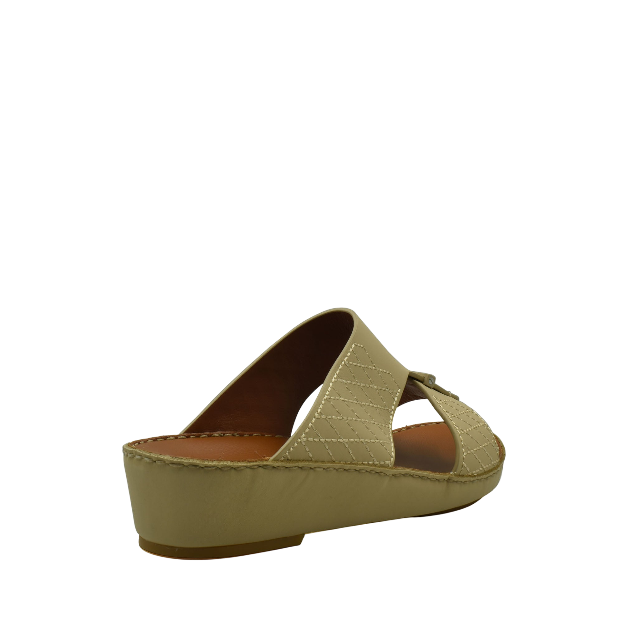 Beige designer leather sandals with cushioned sole and open toe slip-on style