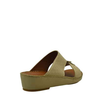 Beige designer leather sandals with cushioned sole and open toe slip-on style