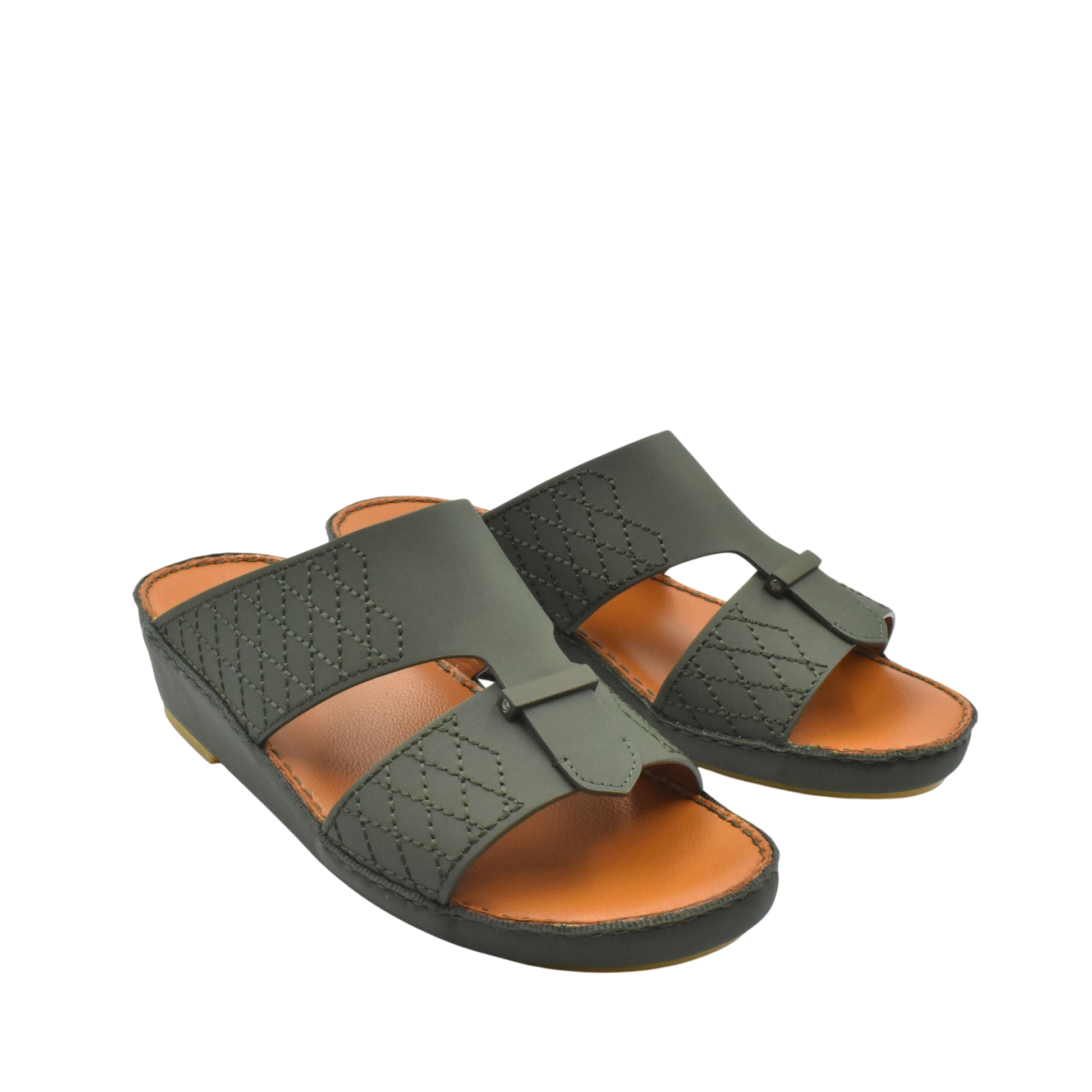 Pair of designer leather sandals in dark green with stitched detailing and tan cushioned footbed