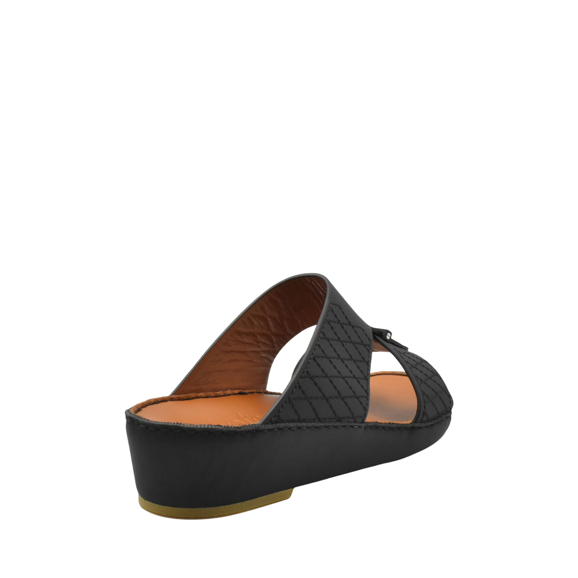 Black designer leather sandals with quilted straps and cushioned brown insole from private collection