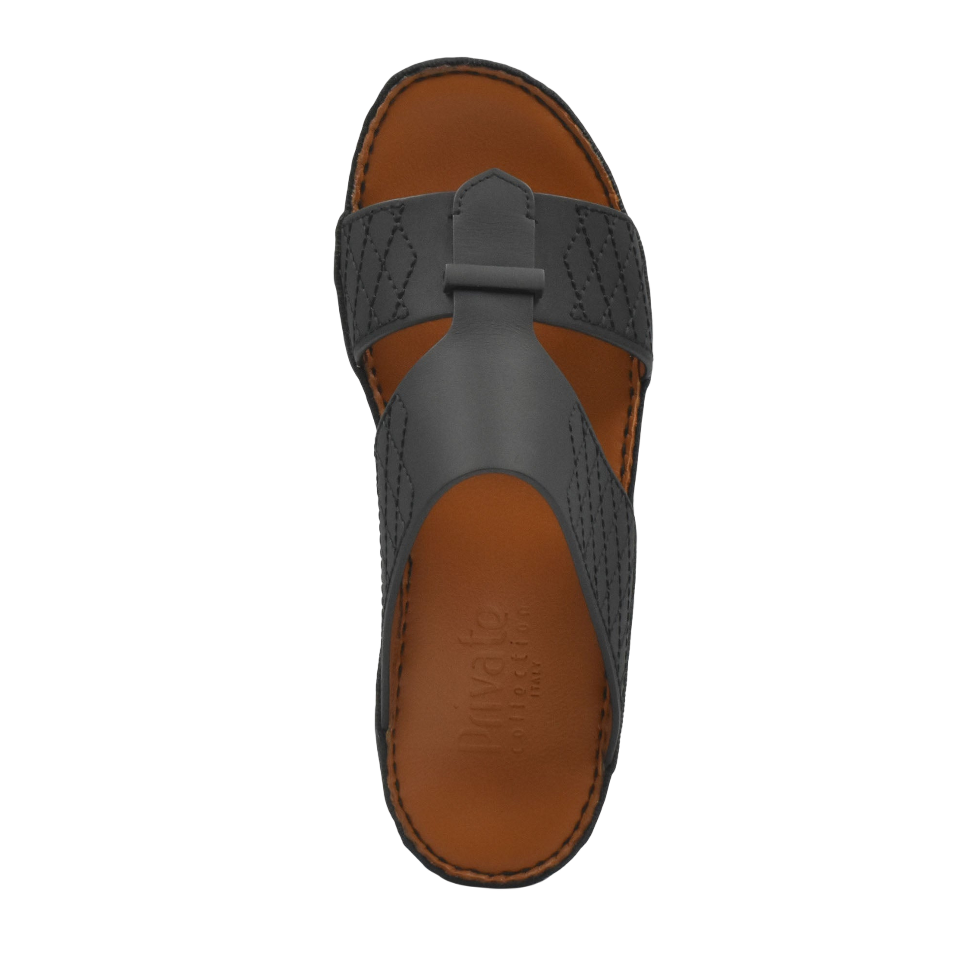 Black and brown designer leather sandals with stitched straps and cushioned footbed