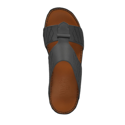 Black and brown designer leather sandals with stitched straps and cushioned footbed