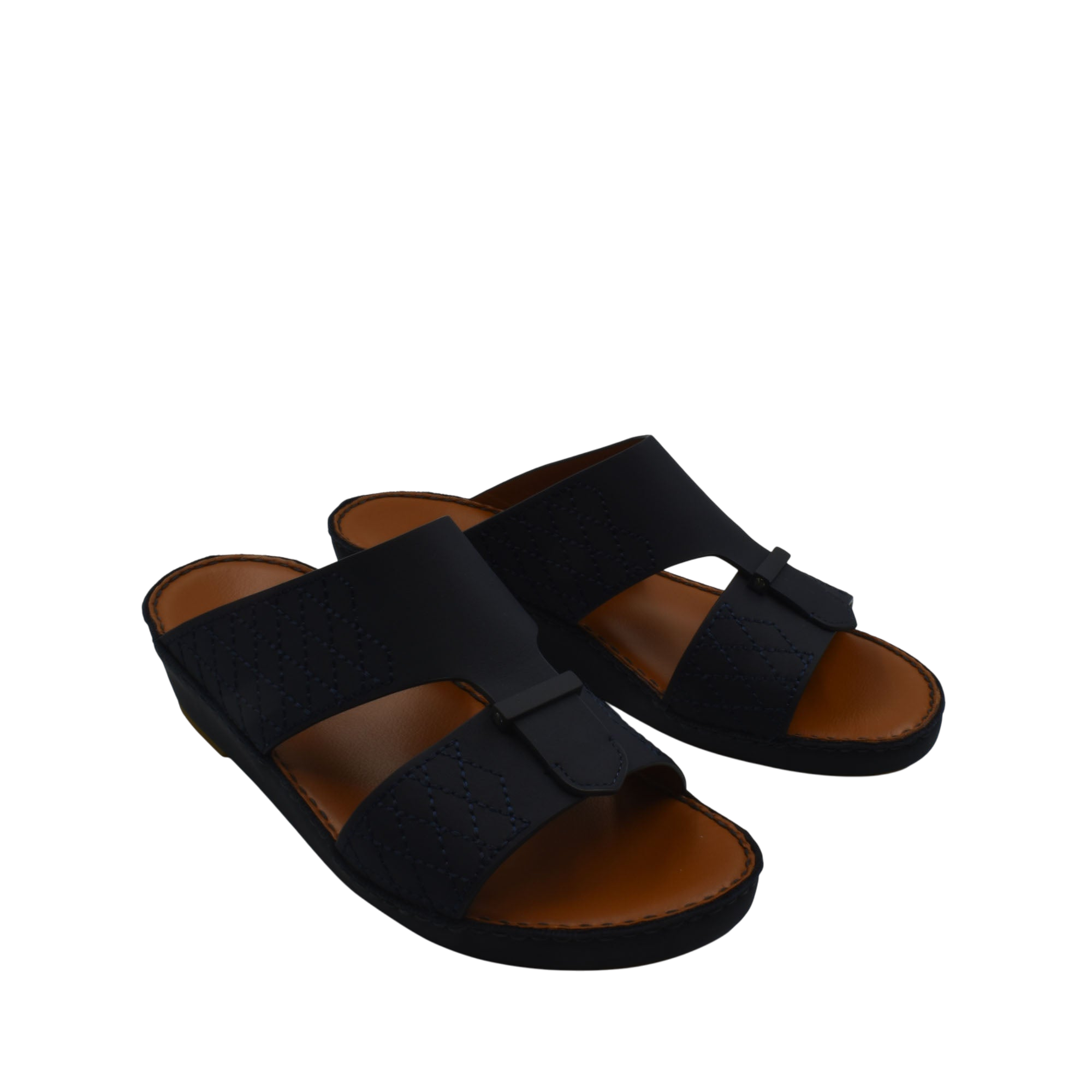 Black designer leather sandals with wide straps and open toe on white background