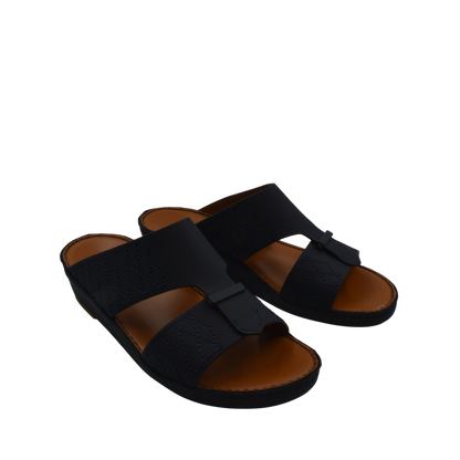 Black designer leather sandals with wide straps and open toe on white background