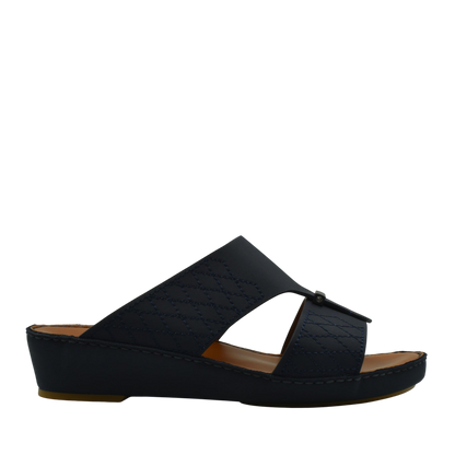 Black designer leather sandals with quilted straps and comfortable wedge sole