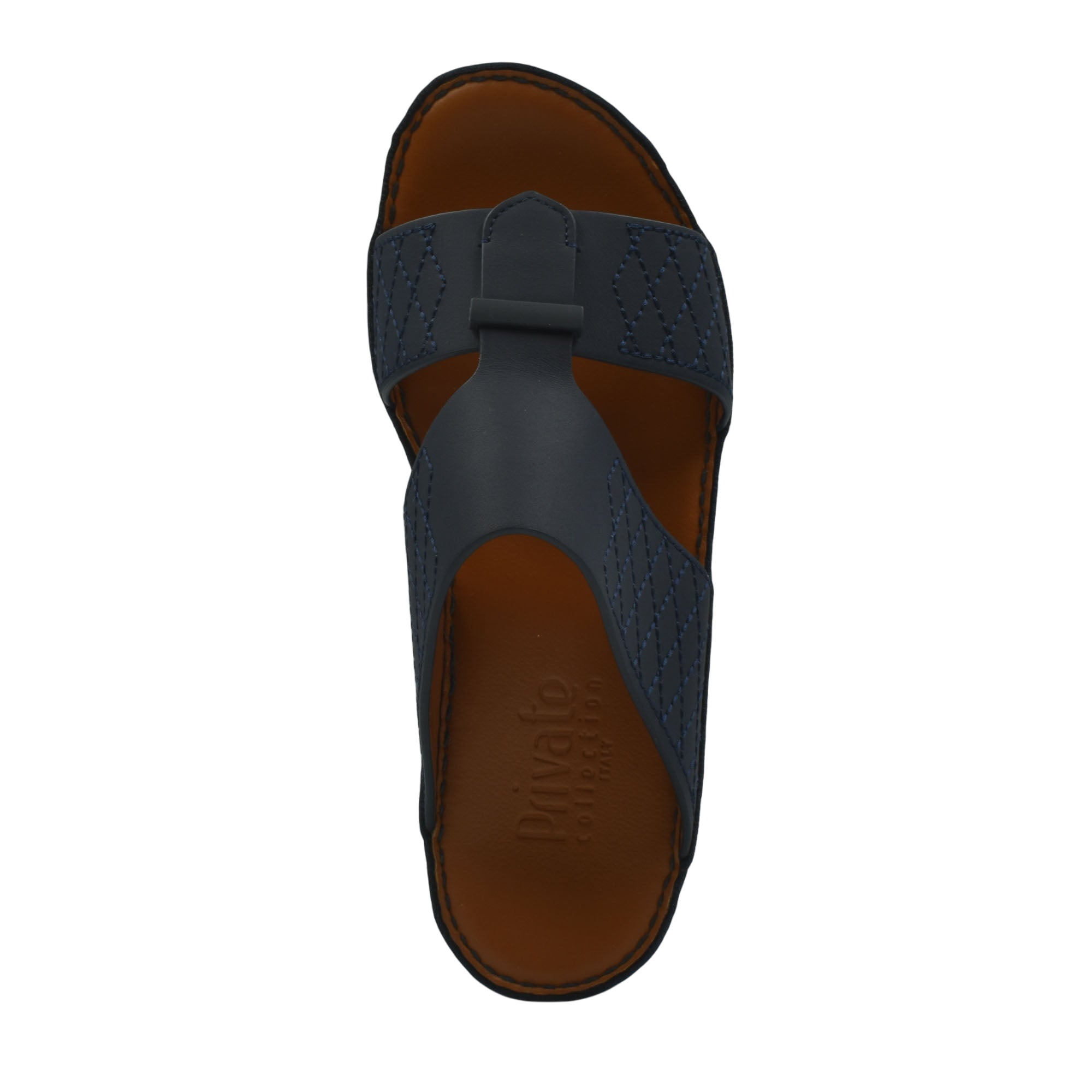 Top view of black designer leather sandals with brown footbed from private collection
