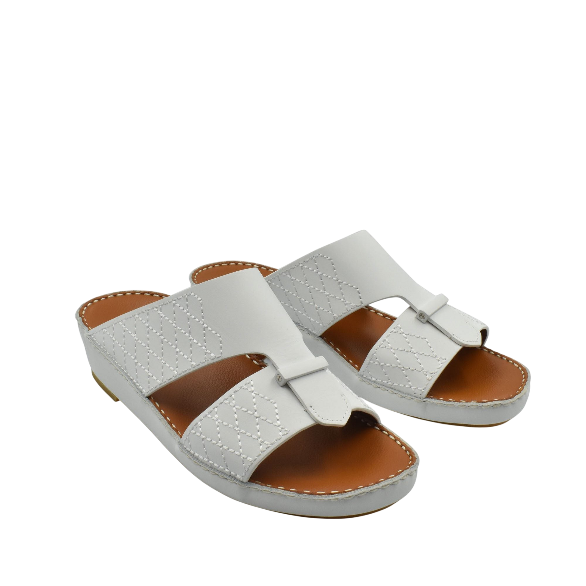 White designer leather sandals with quilted stitching and open toe slip-on style