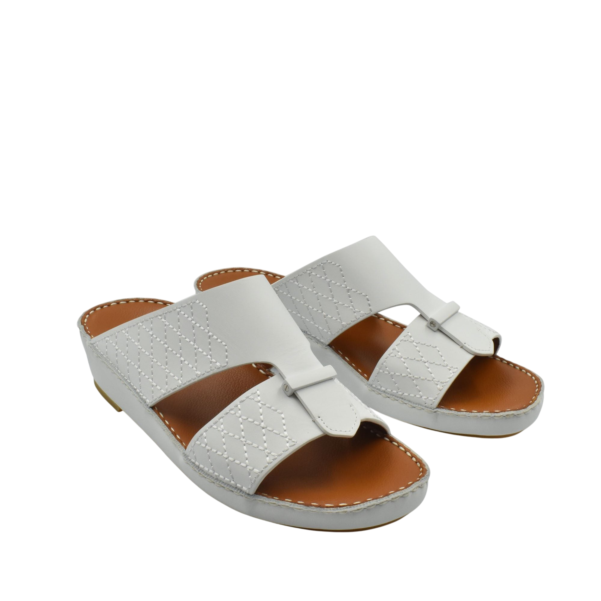 White designer leather sandals with quilted stitching and open toe slip-on style