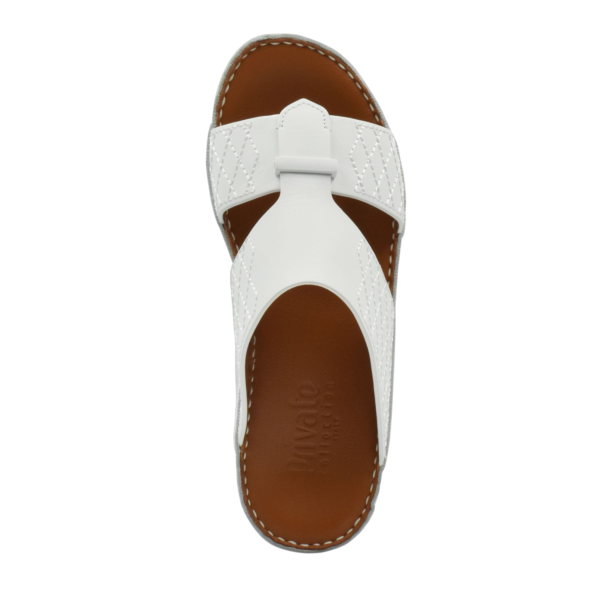 White designer leather sandals with brown footbed and stitched detailing from Private collection