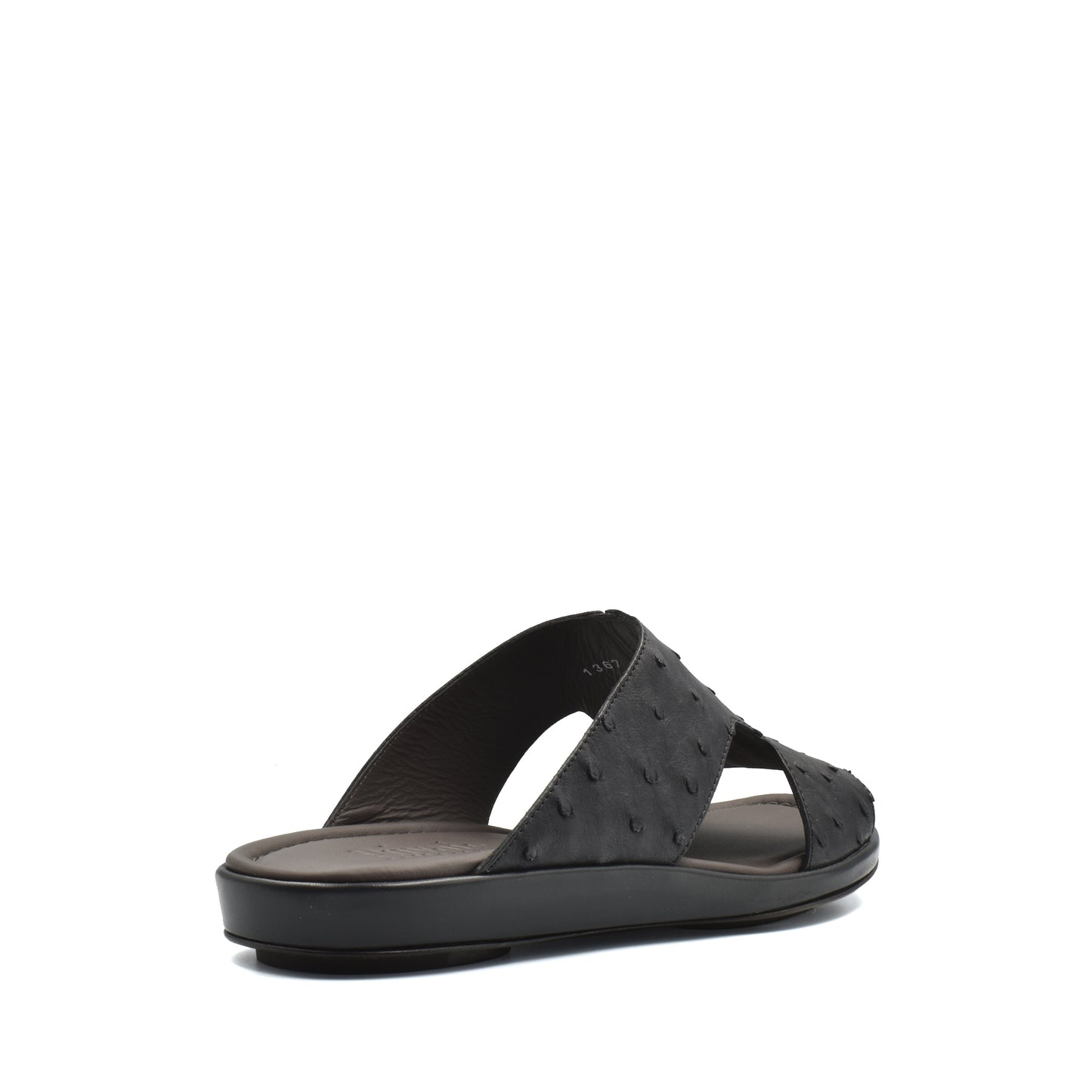 Black ostrich skin slide sandals with open toe and comfortable cushioned sole