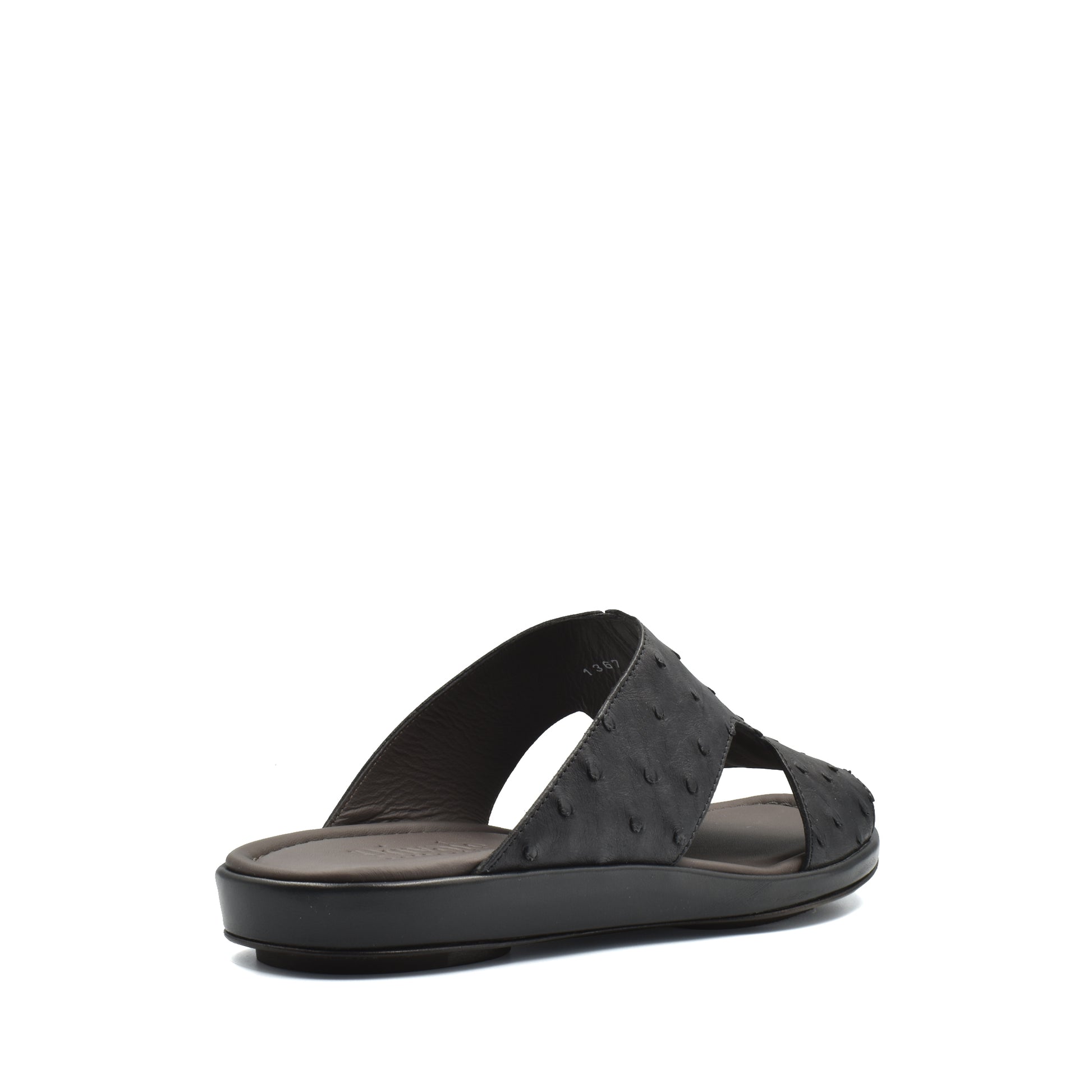 Black ostrich skin slide sandals with open toe and comfortable cushioned sole