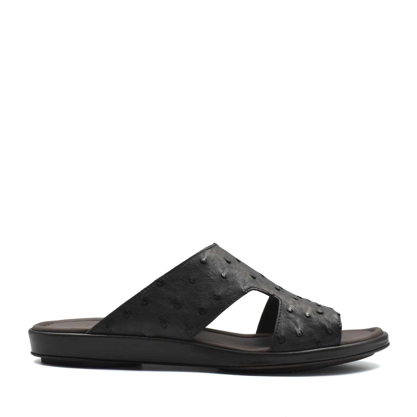 Black ostrich skin slide sandals with textured upper and comfortable sole from Private collection
