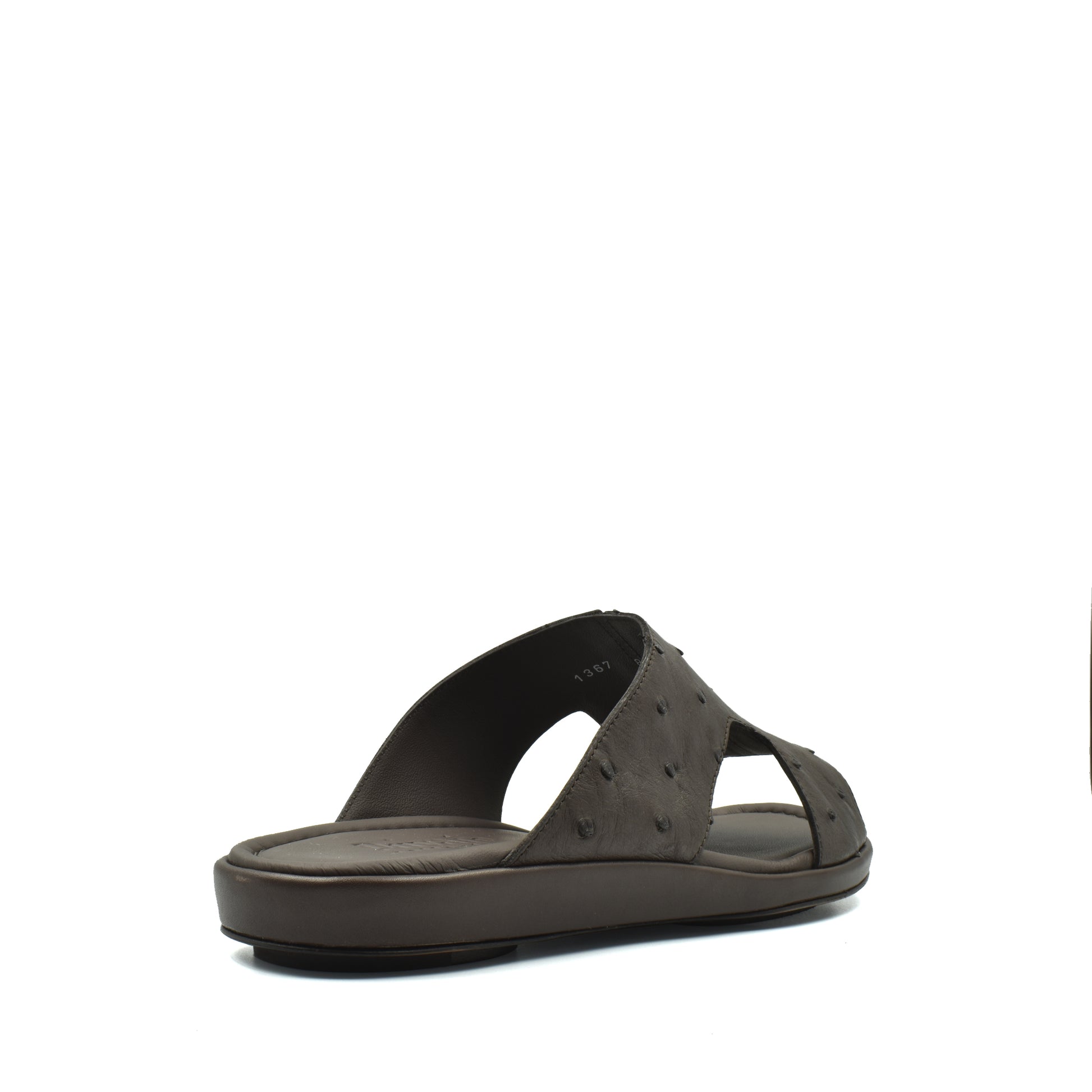 Brown ostrich skin slide sandals with textured upper and cushioned sole for comfortable wear