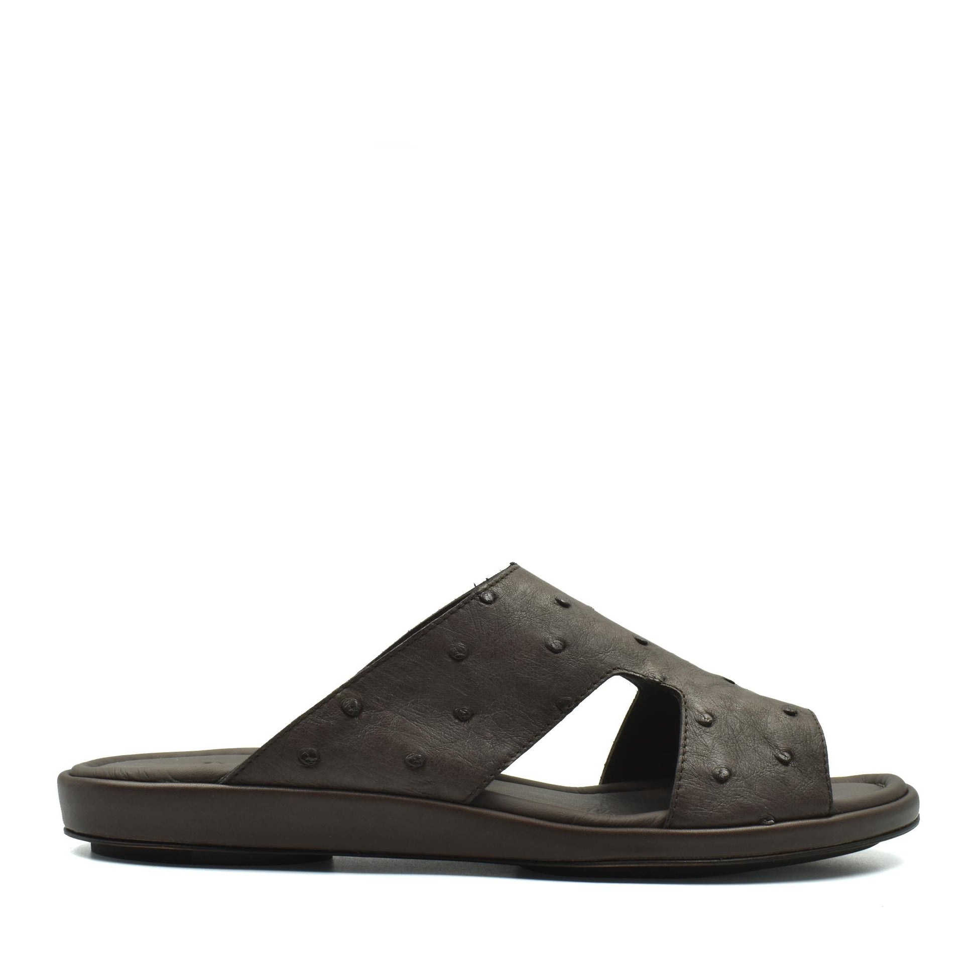 Brown ostrich skin slide sandals with open toe and comfortable flat sole