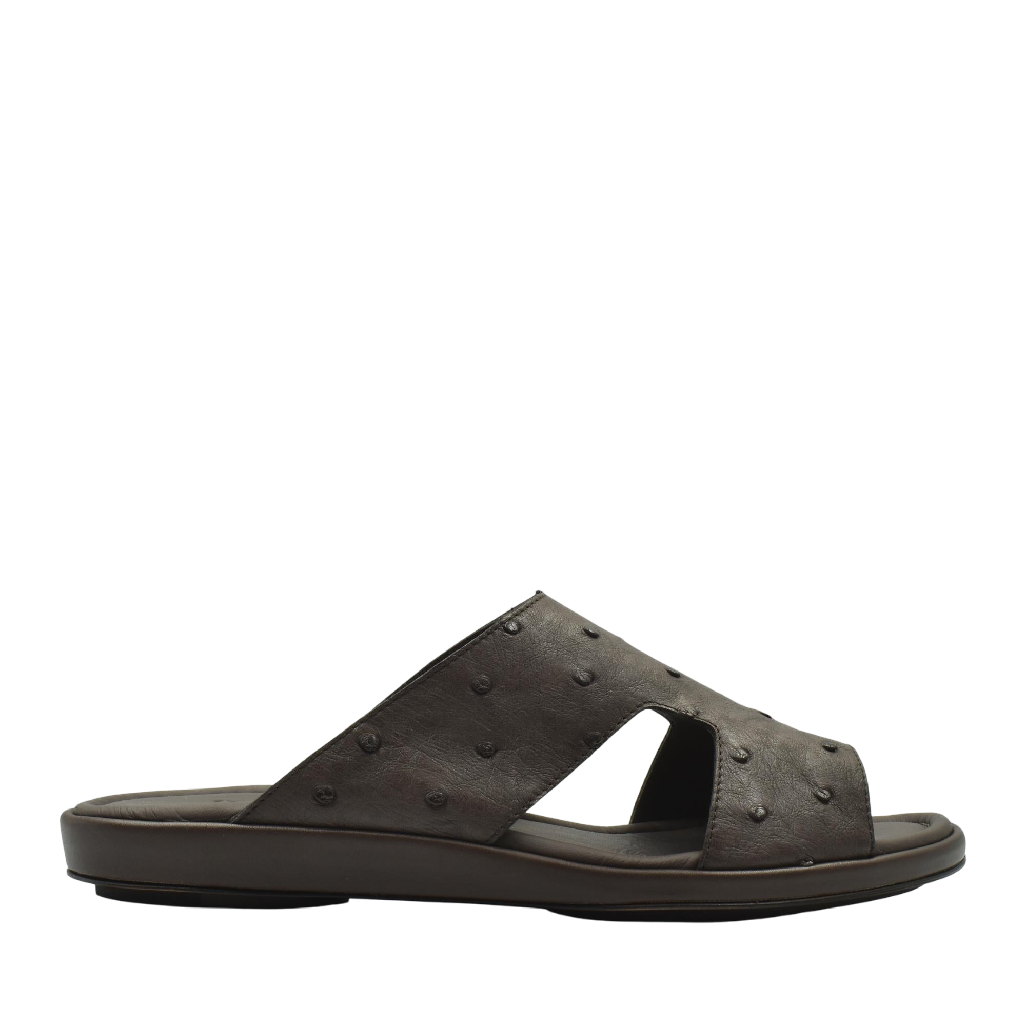 Brown ostrich skin slide sandals with open toe and comfortable flat sole