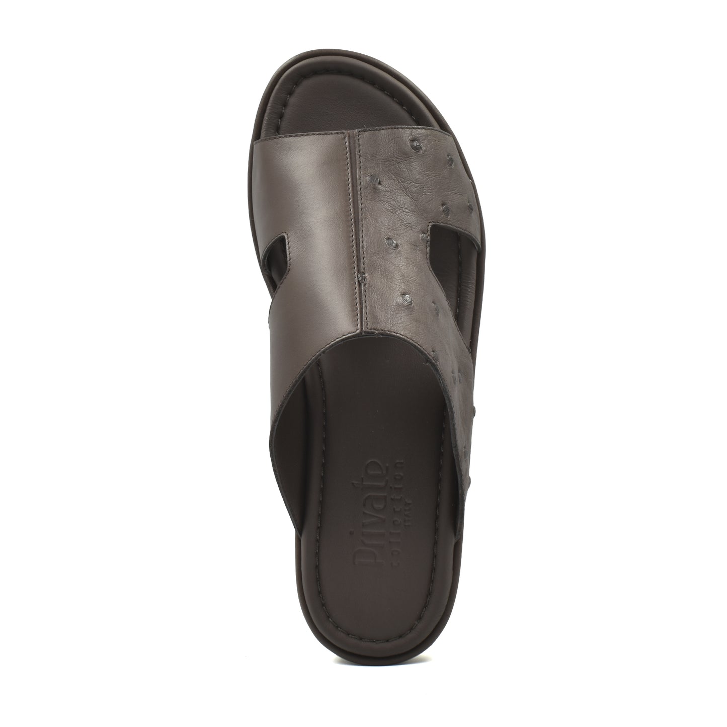 Top view of brown ostrich skin slide sandals with cushioned footbed from Private Collection