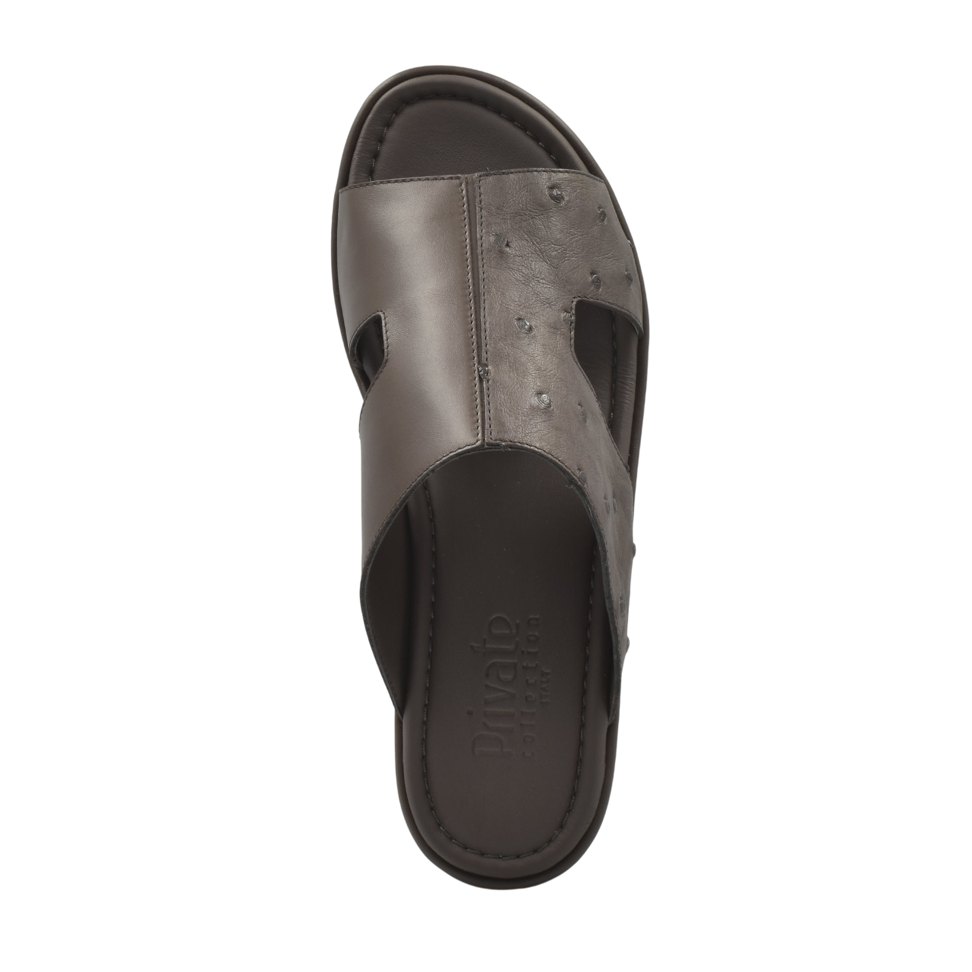 Top view of brown ostrich skin slide sandals with cushioned footbed from Private Collection