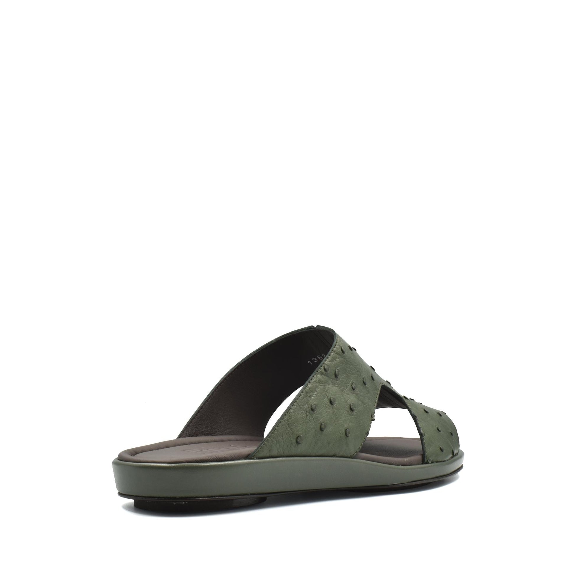 Green ostrich skin slide sandals with textured leather straps and cushioned sole from private collection
