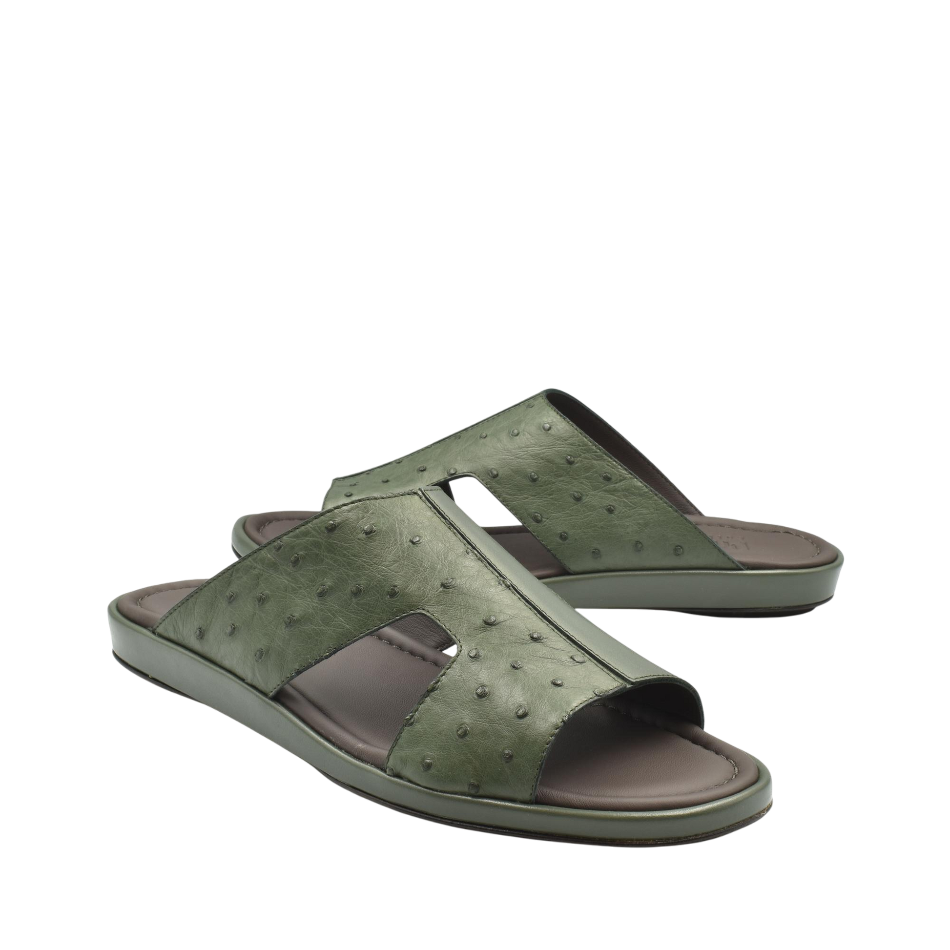 Green ostrich skin slide sandals with open toe and cushioned sole for comfortable wear