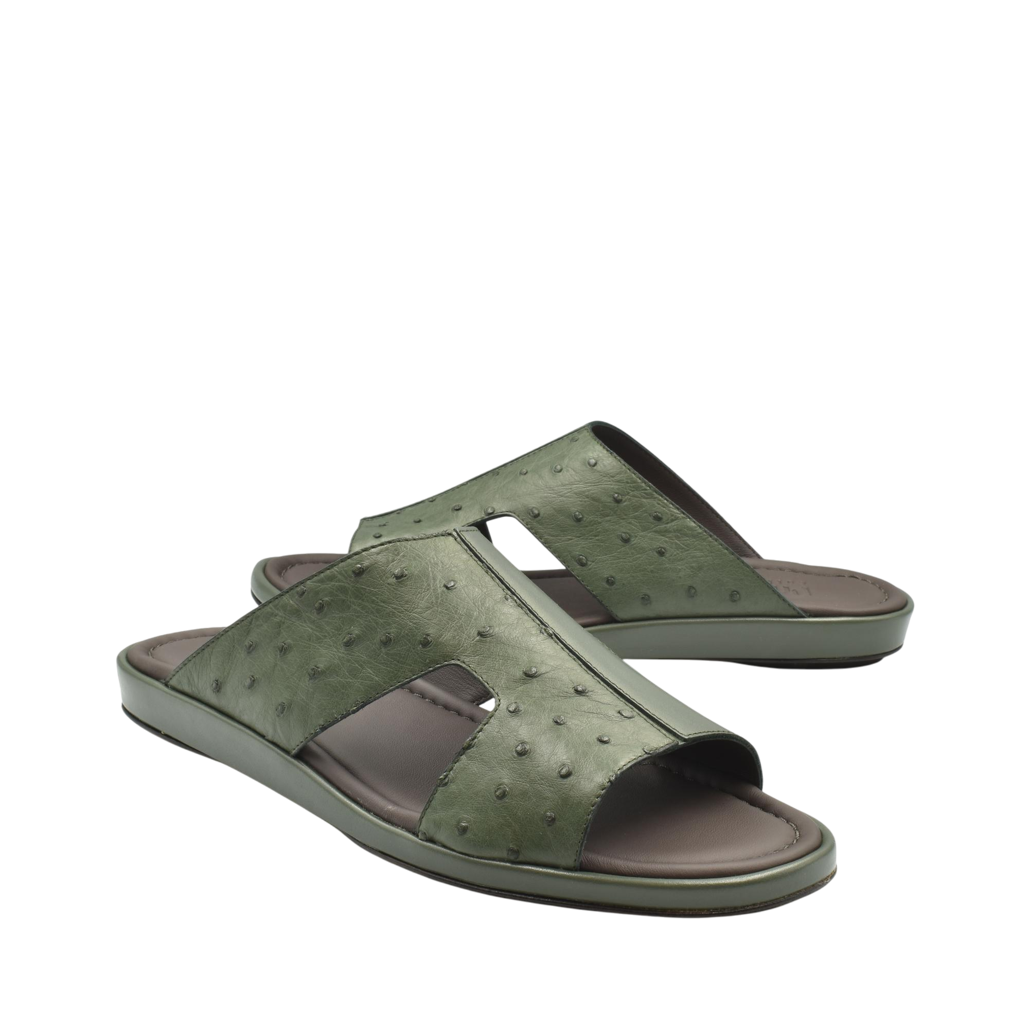 Green ostrich skin slide sandals with open toe and cushioned sole for comfortable wear