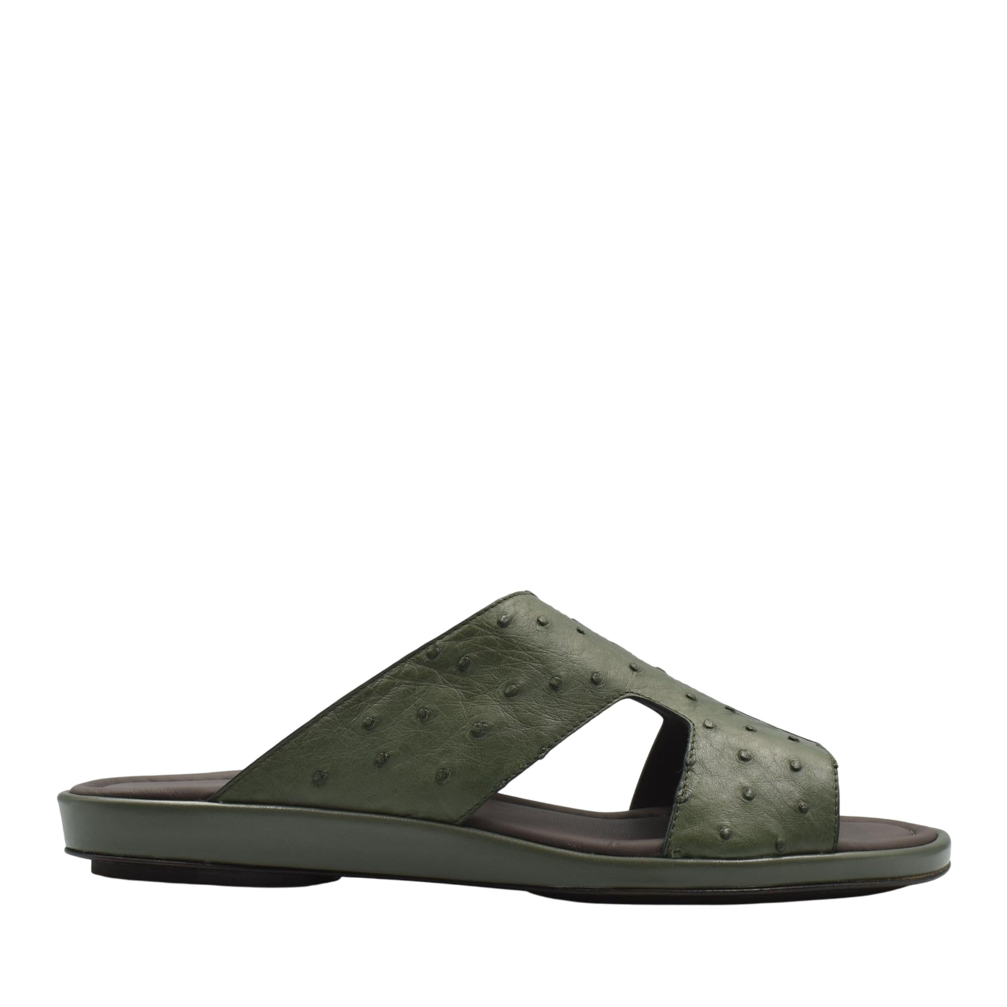 Green ostrich skin slide sandals with textured leather upper and flat sole for casual wear