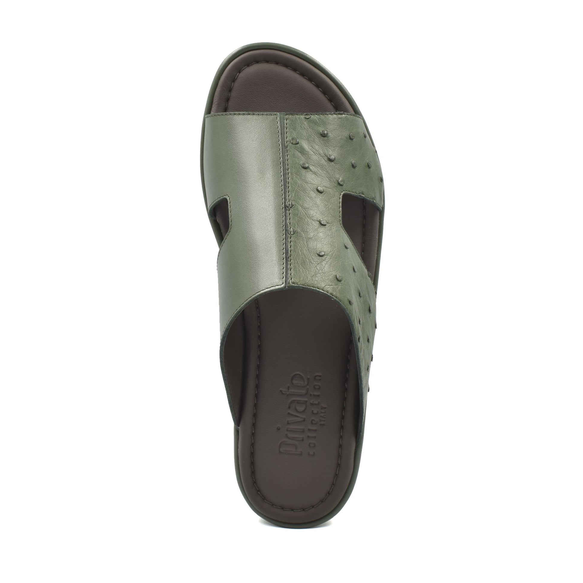 Olive green ostrich skin slide sandals with textured leather upper and cushioned footbed