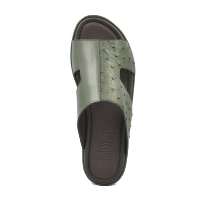 Olive green ostrich skin slide sandals with textured leather upper and cushioned footbed