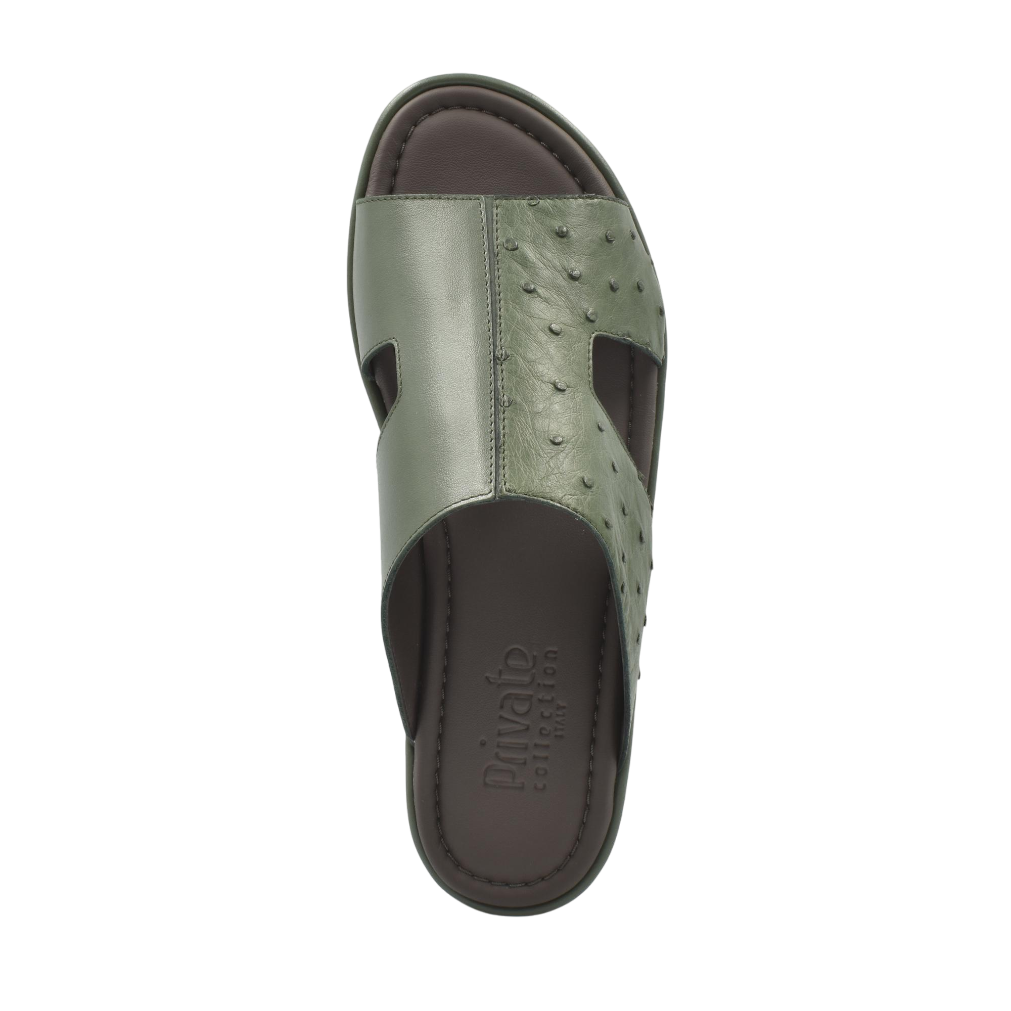 Olive green ostrich skin slide sandals with textured leather upper and cushioned footbed