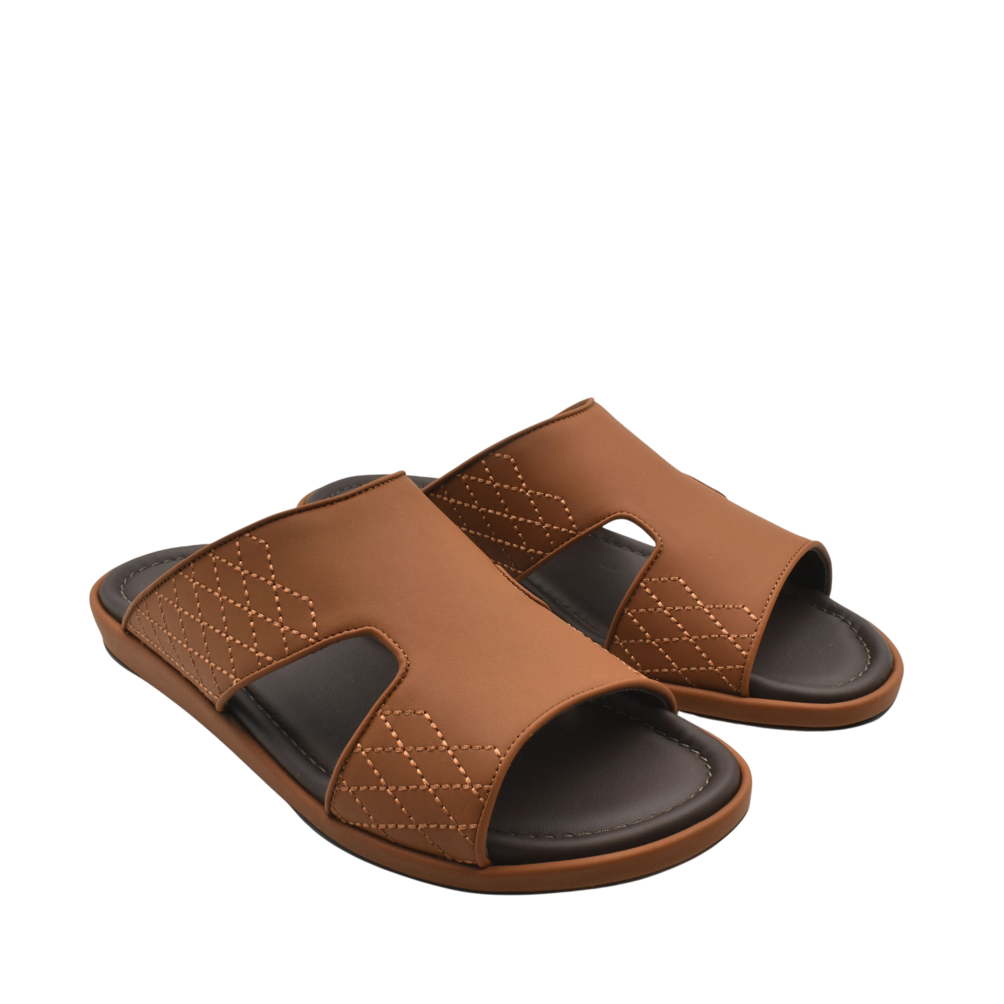 Brown leather luxury arca sandals with cushioned black footbed and stitched detailing